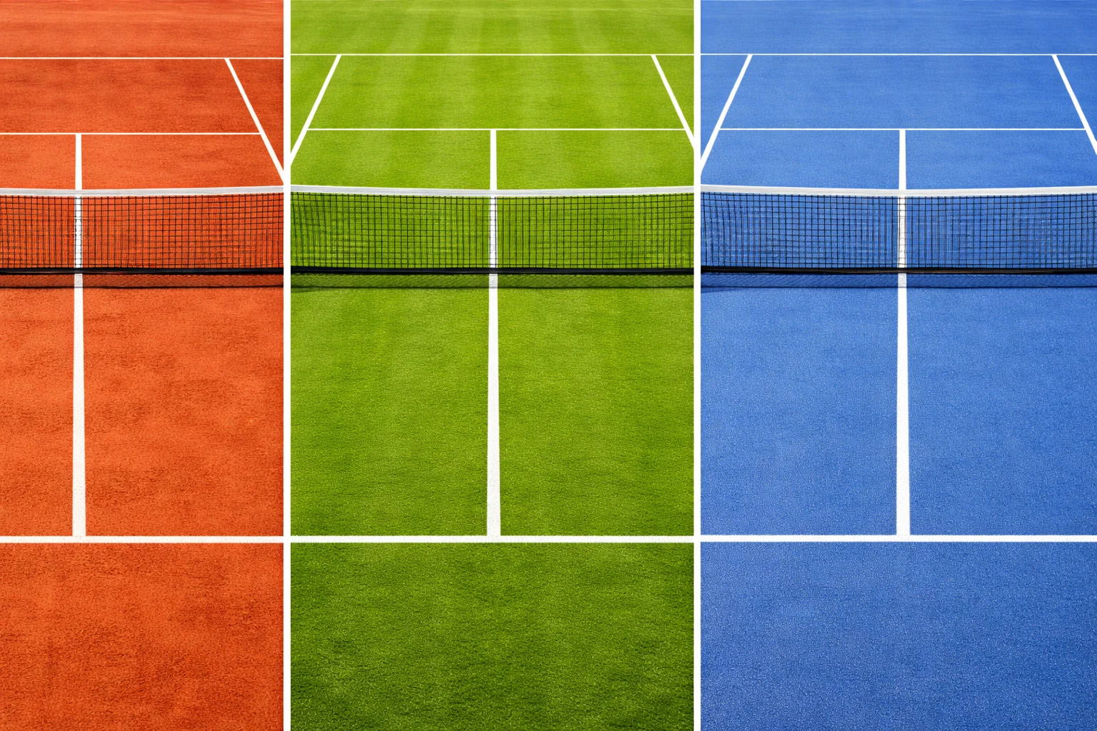 Drei verschiedene Tennisplatzbeläge nebeneinander: Sandplatz, Rasenplatz und Hartplatz